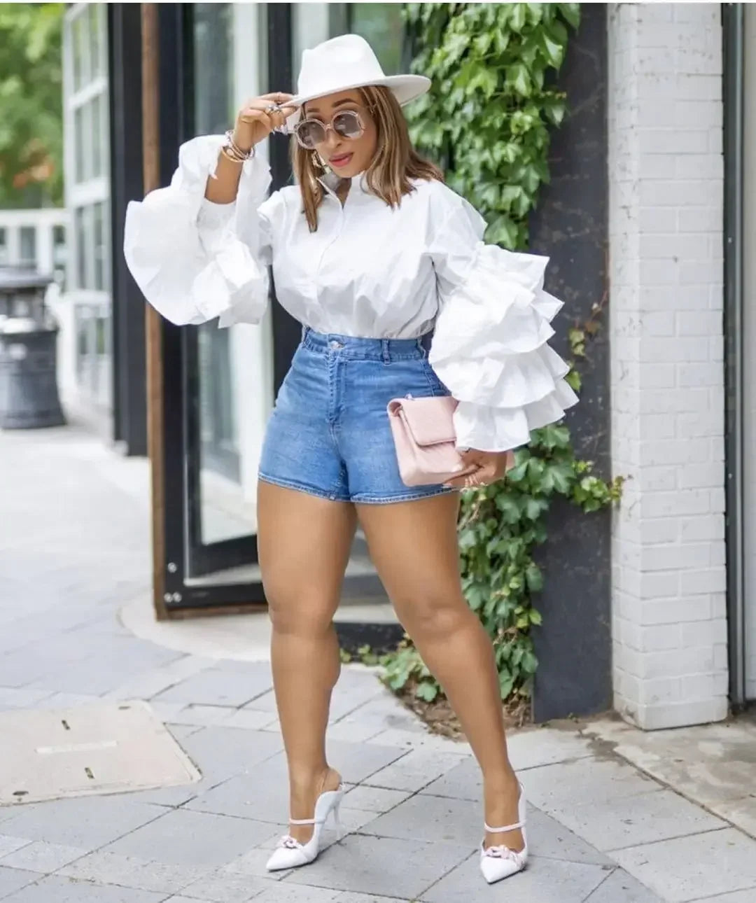 CM.YAYA Women Shirts Solid Full Ruffles Sleeve Turn-down Collar Single Breasted Loose Shirts Office Lady Streetwear Summer Tops