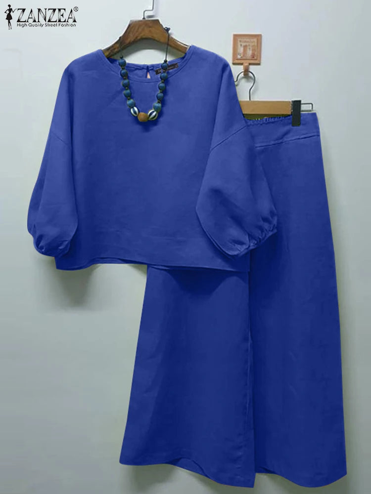 Summer Matching Sets 2PCS Women Urban Tracksuits 3/4 Sleeve O Neck Blouse & Wide Leg Pant Sets Holiday Suit Outfits