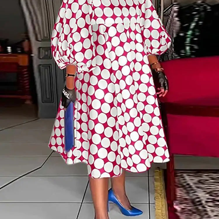 Plus Size Fashion Women Polka Dot Bohemian Dress Casual Printed Midi Sundress Summer Lantern Sleeve Loose Party Robe Rose