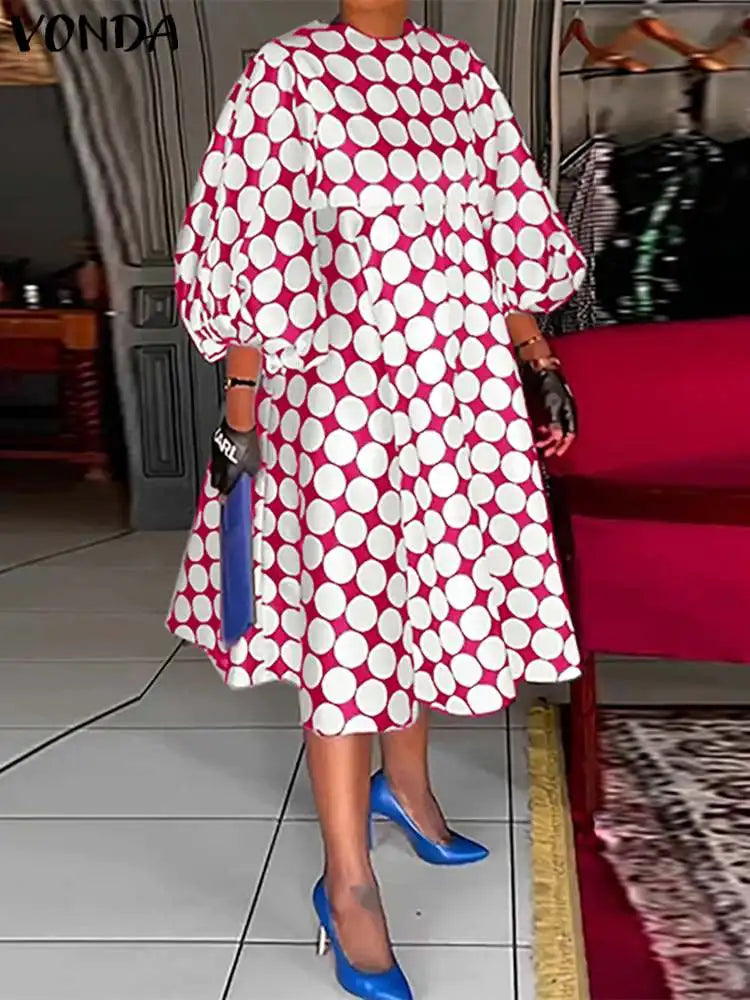 Plus Size Fashion Women Polka Dot Bohemian Dress Casual Printed Midi Sundress Summer Lantern Sleeve Loose Party Robe Rose