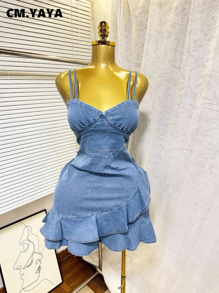 CM.YAYA Women Spaghetti Strap V-neck Ruffles Hem Denim A-line Mini Dress 2025 Chic Birthday Night Club Party Vestidos Dresses