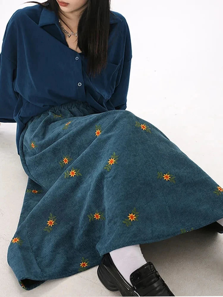 Korean Style High Waist Corduroy Embroidery Long Skirt Women Autumn Winter Loose Floral A-line Skirt Casual Retro Skirt Elegant blue One Size