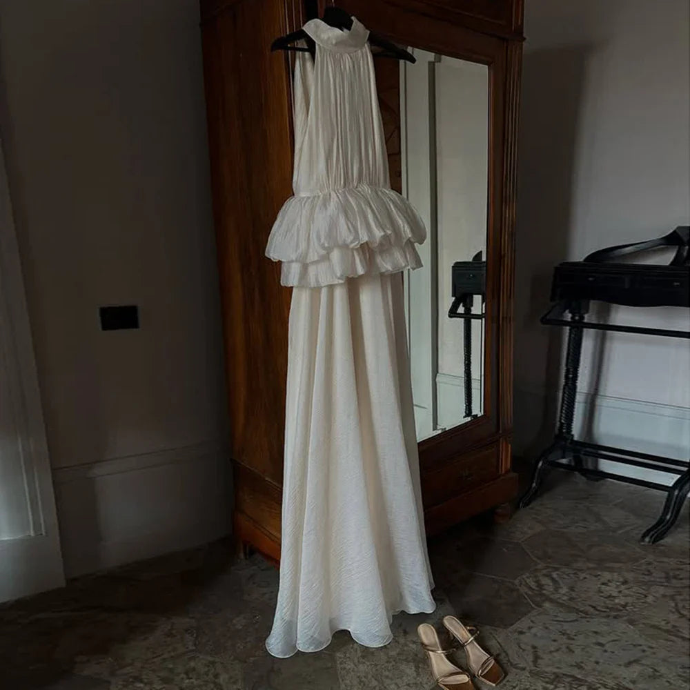 Solid Spliced Ruffles Folds Elegant Dresses for Women High Neck Sleeveless Temperament Dress Female Clothing New