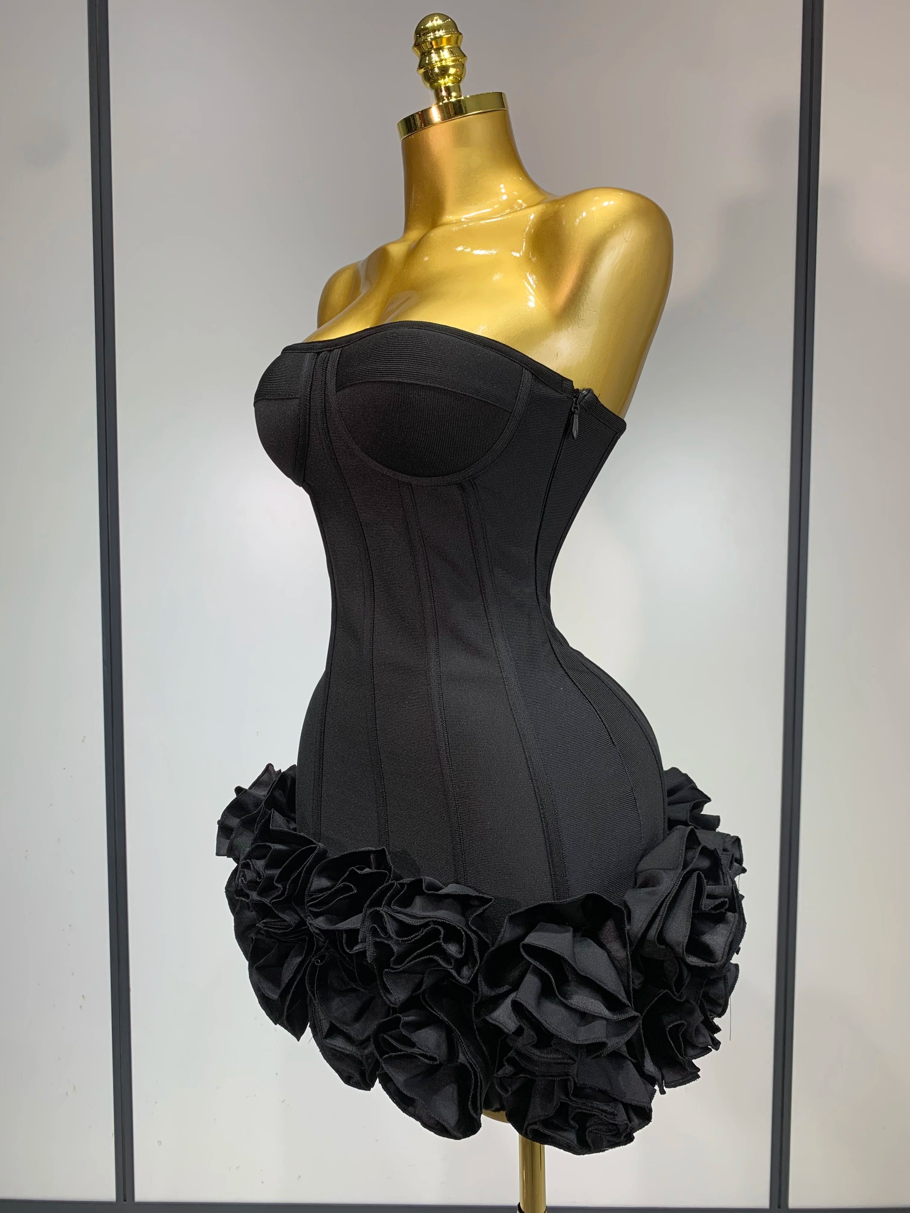 Women Evening Bandage Dress Strapless Bodycon Flowers Mini Celebrity Sexy Birthday Party Dresses Photo Shoot Nightclub Outfit