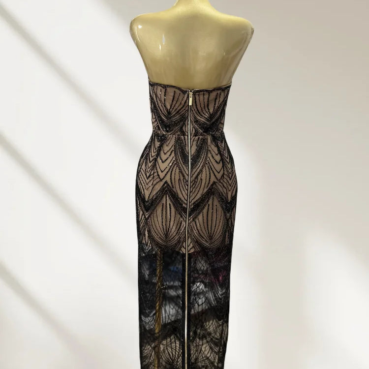 Shining Black Sequins Sexy Mesh See Through  Straplerss Ankle Length Dress Woman Birthday Party Dress Celebrity Party Vestido