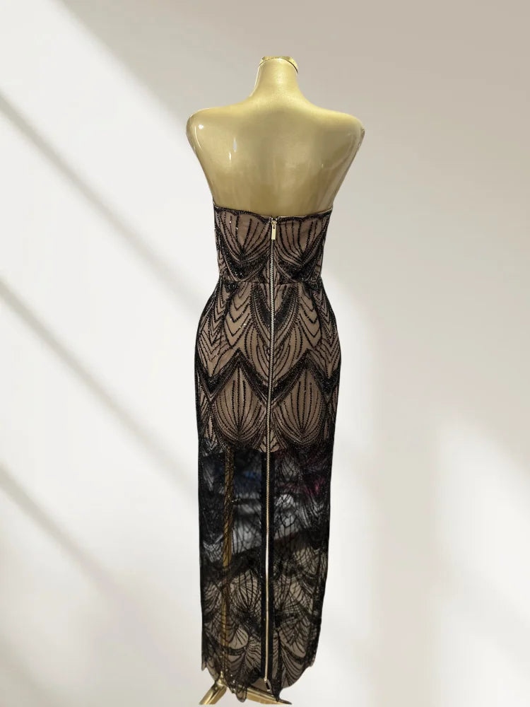 Shining Black Sequins Sexy Mesh See Through  Straplerss Ankle Length Dress Woman Birthday Party Dress Celebrity Party Vestido