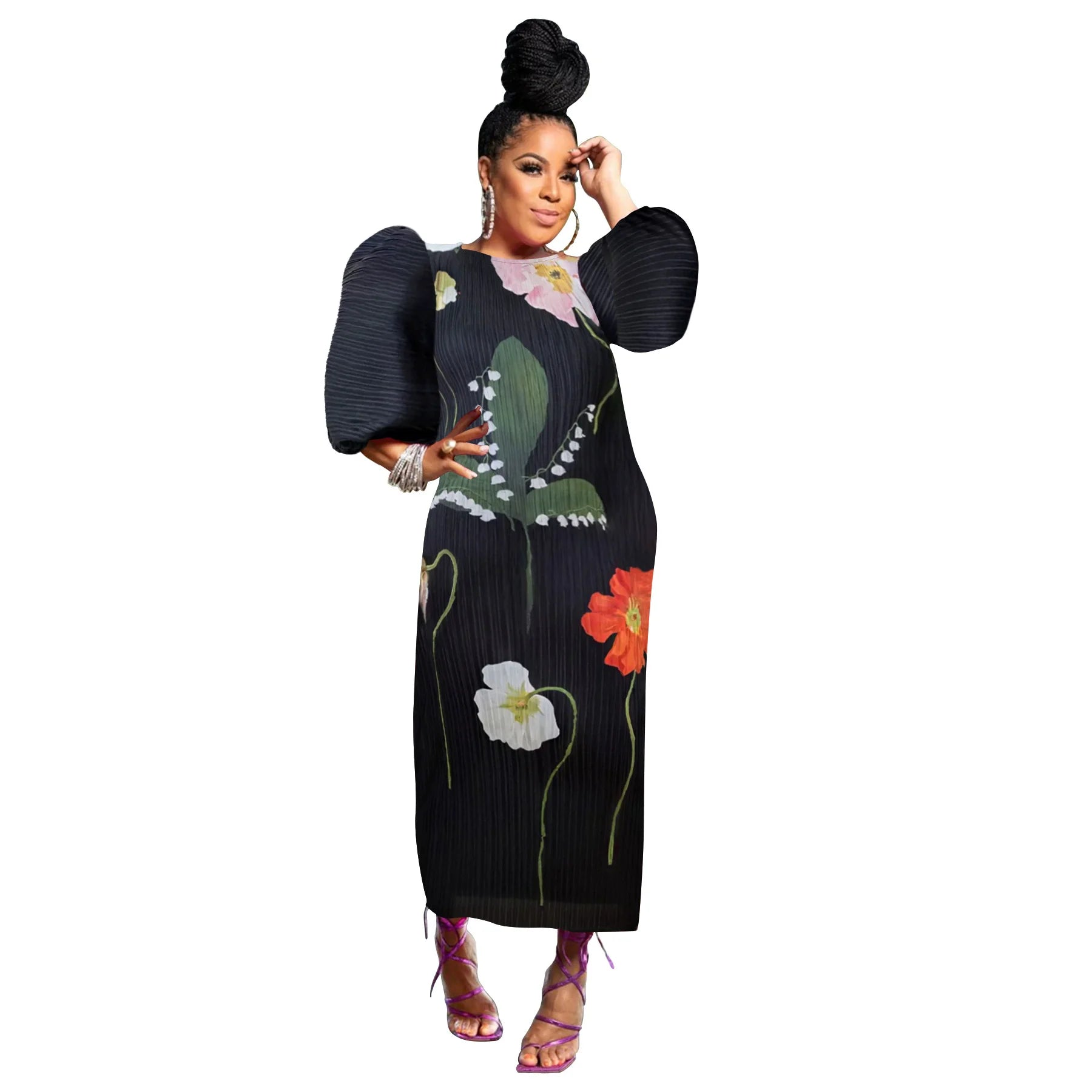 CM.YAYA Elegant Women Pleated Half Lantern Sleeve O-neck Slim Maxi Long Dress Print Fashion Autumn 2024 Ruched Dresses Vestidos