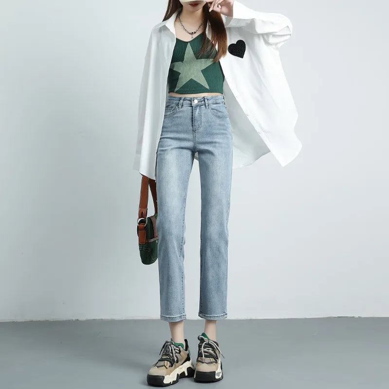 Straight Slim Fit Denim Jeans For Women High Waist French Elastic Classic Sweet Girl Design Long Pants