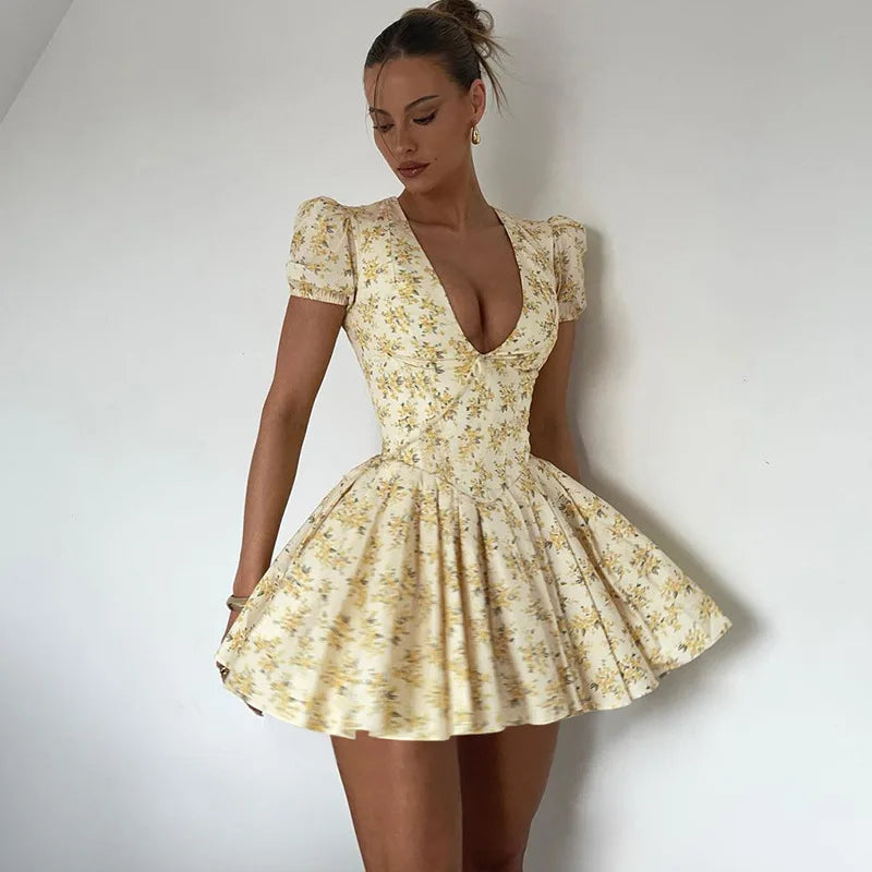 TARUXY Sexy Deep V Neck Women's Dresses Summer Fashion A-line Dress Female High Waist Pleated Printed Beach Party Dresses