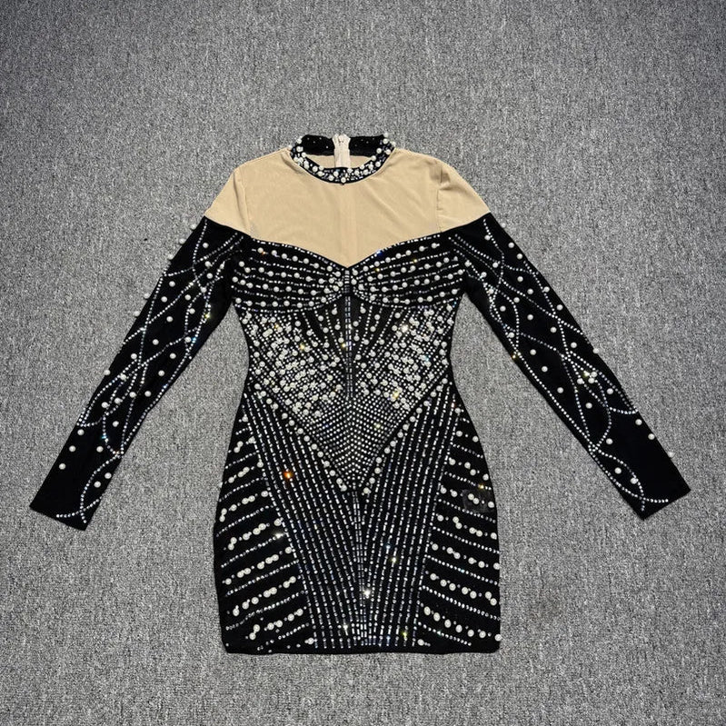 Elegant Evening Party Club Outfit Vestido Women Celebrity Sexy Long Sleeve Turtleneck Mini Rhinestone Diamonds Gowns Dress