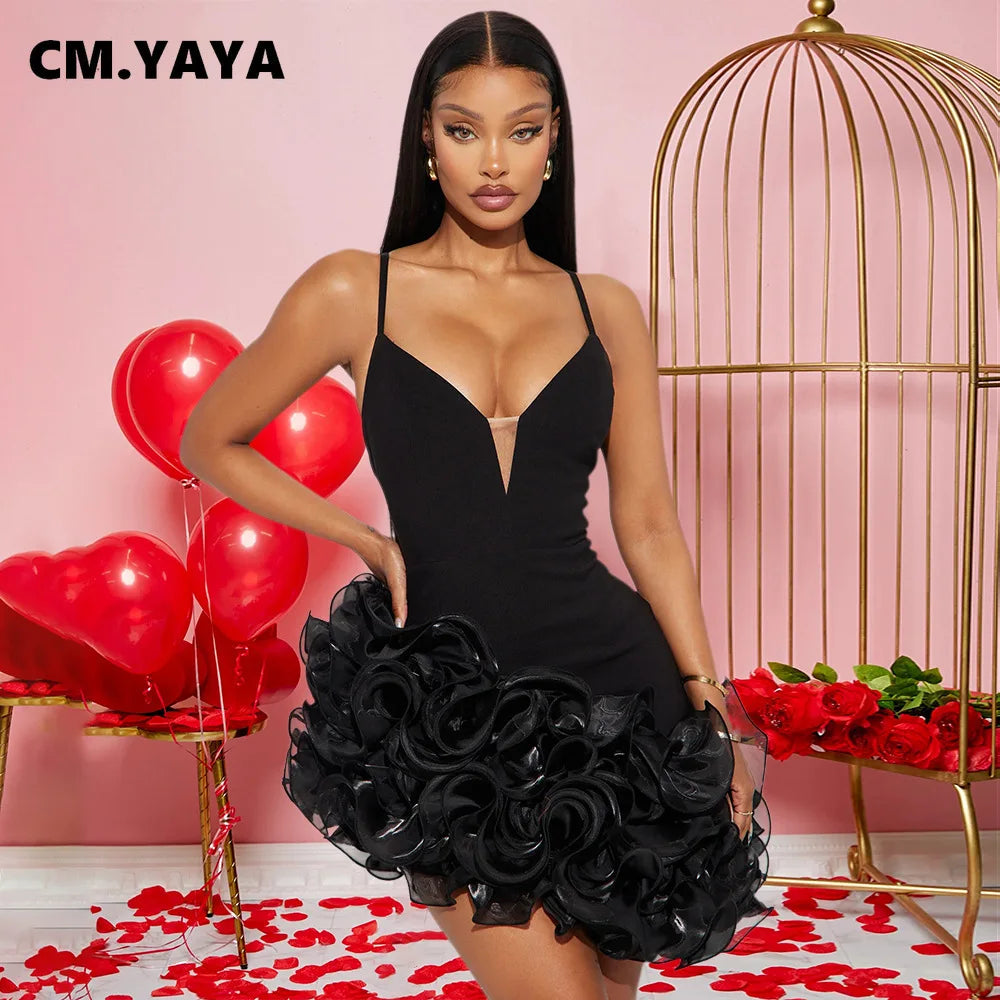 CM.YAYA Women V-neck Strap Mult Ruffles Sleeveless Bodycon Mini Dress Sexy Evening Night Party Club irregular Vestidos Dresses