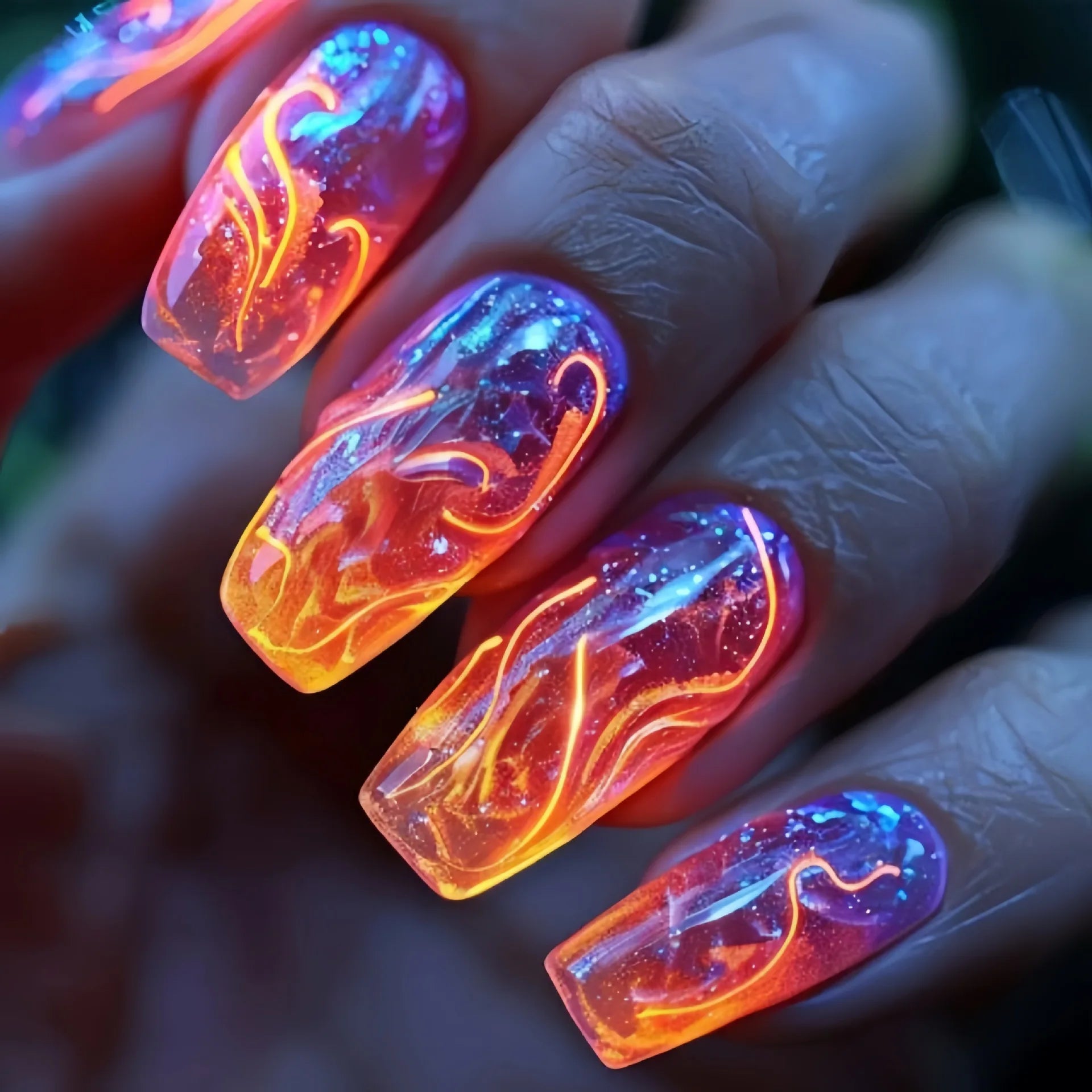 24pcs/set Medium Square fake nails Gradient Aurora flame Lightning stripes starry sky faux ongles tips press on false nails art