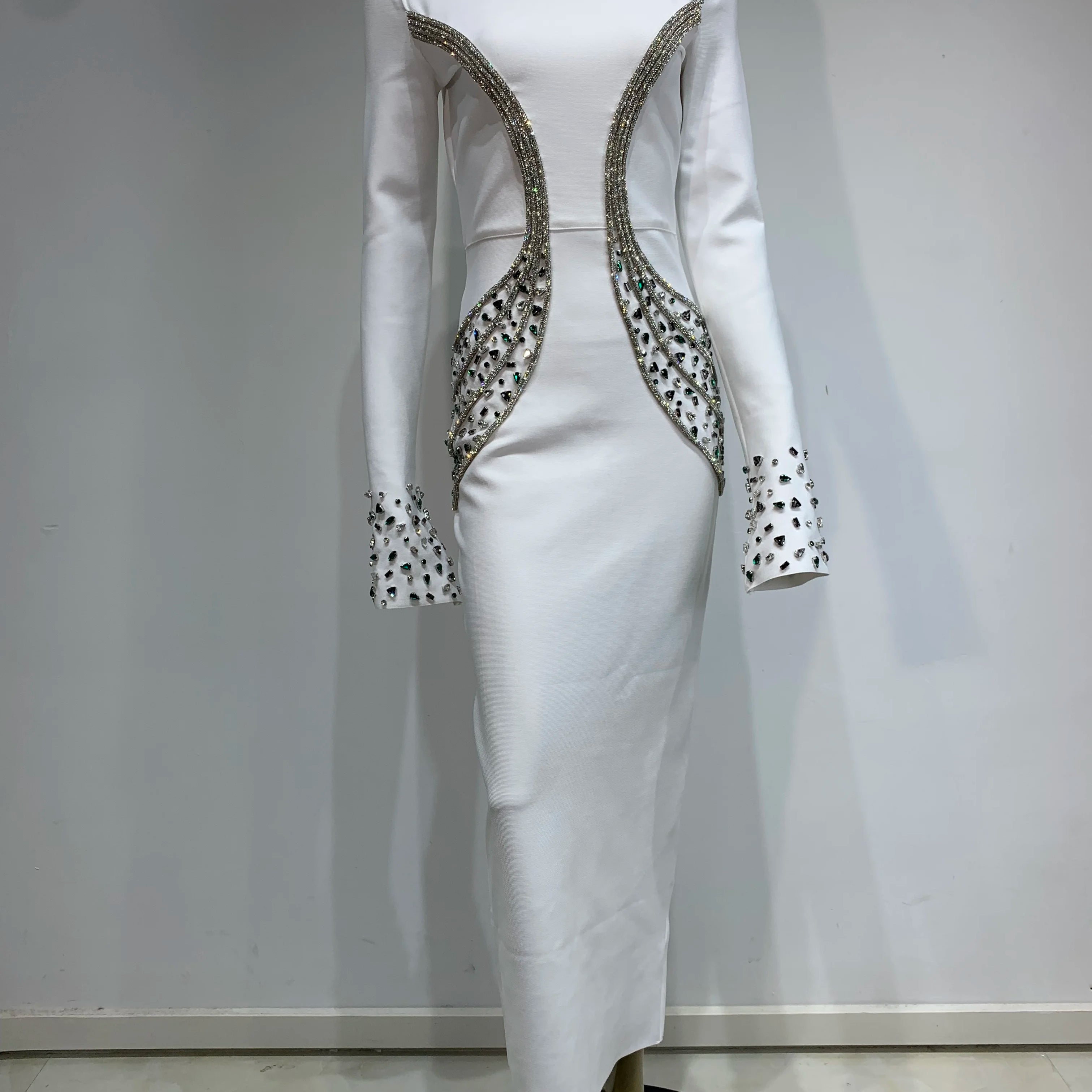 Women Celebrity Sexy Beading Crystal Diamonds Black White Maxi Long Bodycon Bandage Dress 2024 Elegant Evening Club Party Dress