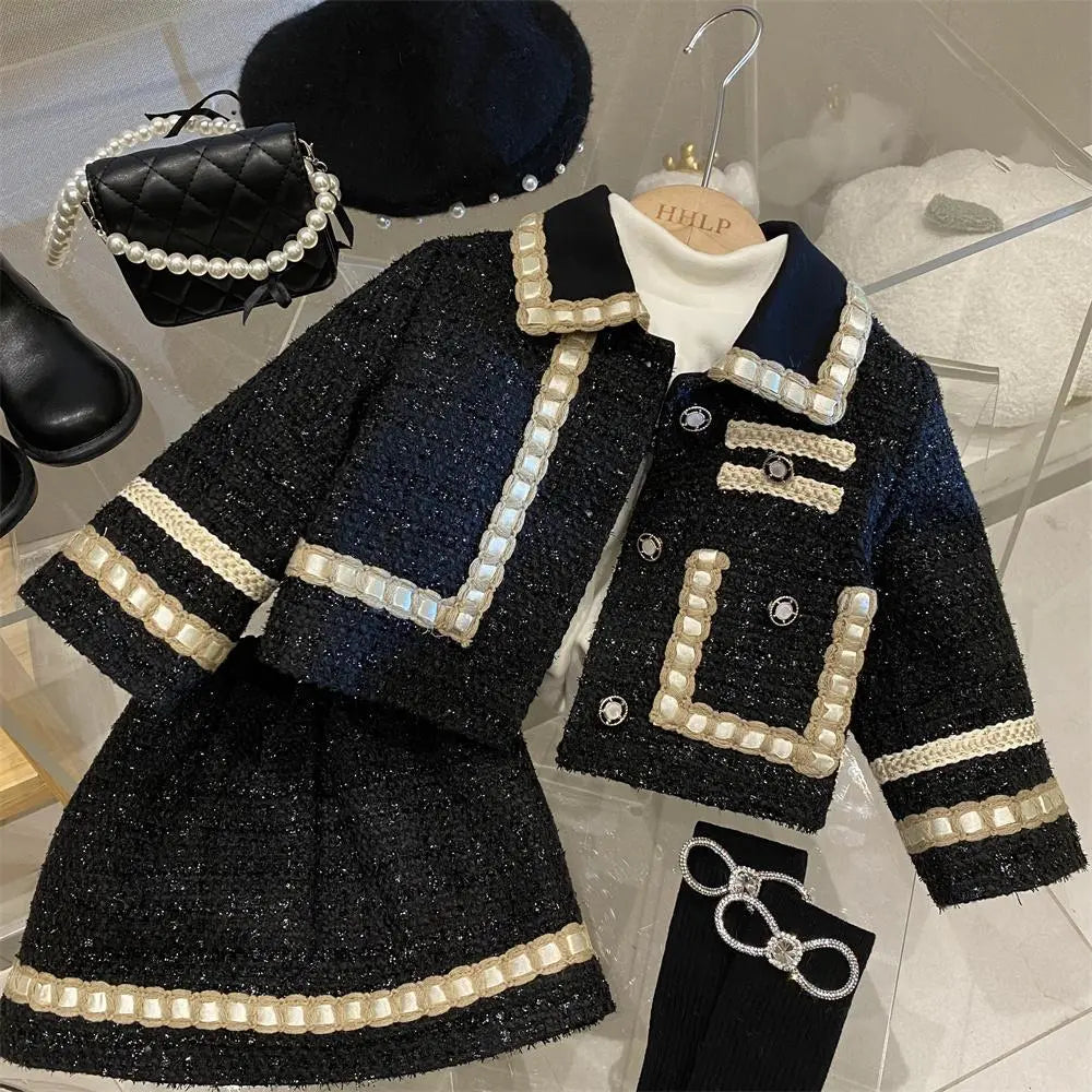 소녀 2 피스 트위드 세트 1-10 세의 어린이 면화 패딩 재킷 코트+스커트 어린이 클래식 의상을위한 겨울 정장 옷