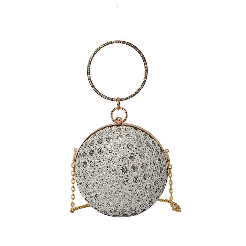Sparkly Round Evening Purses for Women Shiny Diamonds Handbag Unusual Party Mini Small Bags Fashion Luxury Shoulder Bag Woman Silver Mini(Max Length<20cm)
