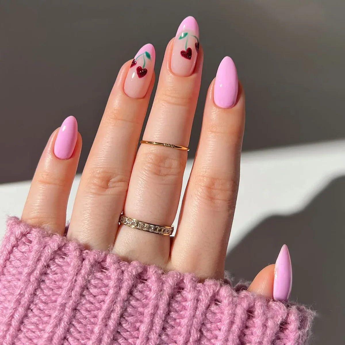 24Pcs Mid-length Almond Press on Fake Nails Pink Edge French Cherry Design Full Cover Nails Tips Art Simple Reusable False Nails