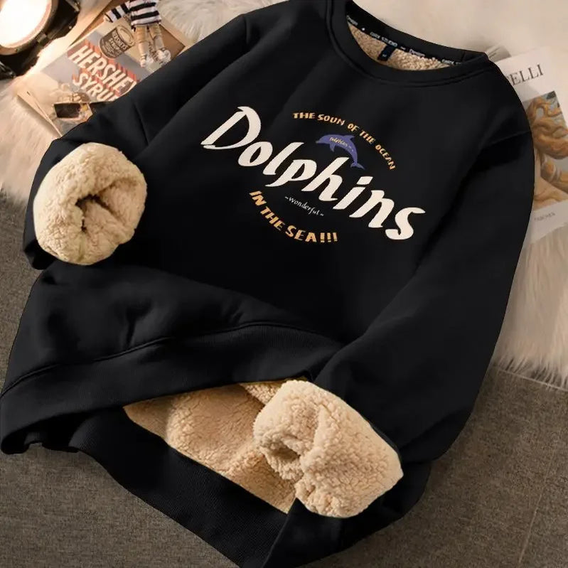 FIGOHR Cute Fleece Warm Hoodies Women Rabbit Thicken Thermal Sweatshirts Printed Loose Sweatshirts for Autumn/Winter LETTER BLACK