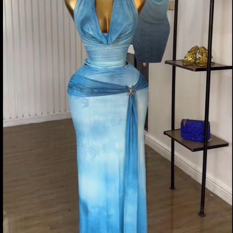 CM.YAYA Women Tie Dye Printed Halter Pile Neck Crop Top and Bodycon Midi Maxi Long Skirt Suit 2025 Summer Two 2Piece Set Outfits