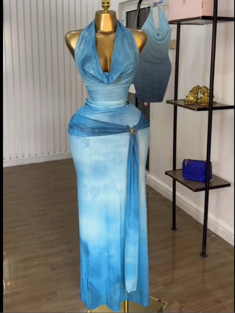 CM.YAYA Women Tie Dye Printed Halter Pile Neck Crop Top and Bodycon Midi Maxi Long Skirt Suit 2025 Summer Two 2Piece Set Outfits