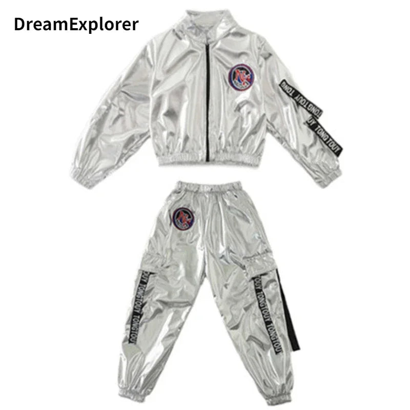 Hip Hop Boys Silver Jacket Girls Jazz Jogger Pants Street Dance Mini Skirt Clothes Sets Kids Sequin Costumes Child Streetwear Boy 2 Pcs Sets