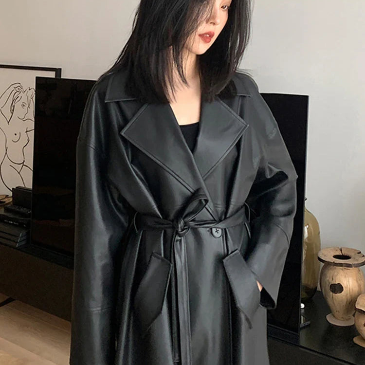 Lautaro-Long Black Leather Trench Coat for Women, Oversized Sashes, Single Button, Loose Stylish, Korean Fashion, Spring Black
