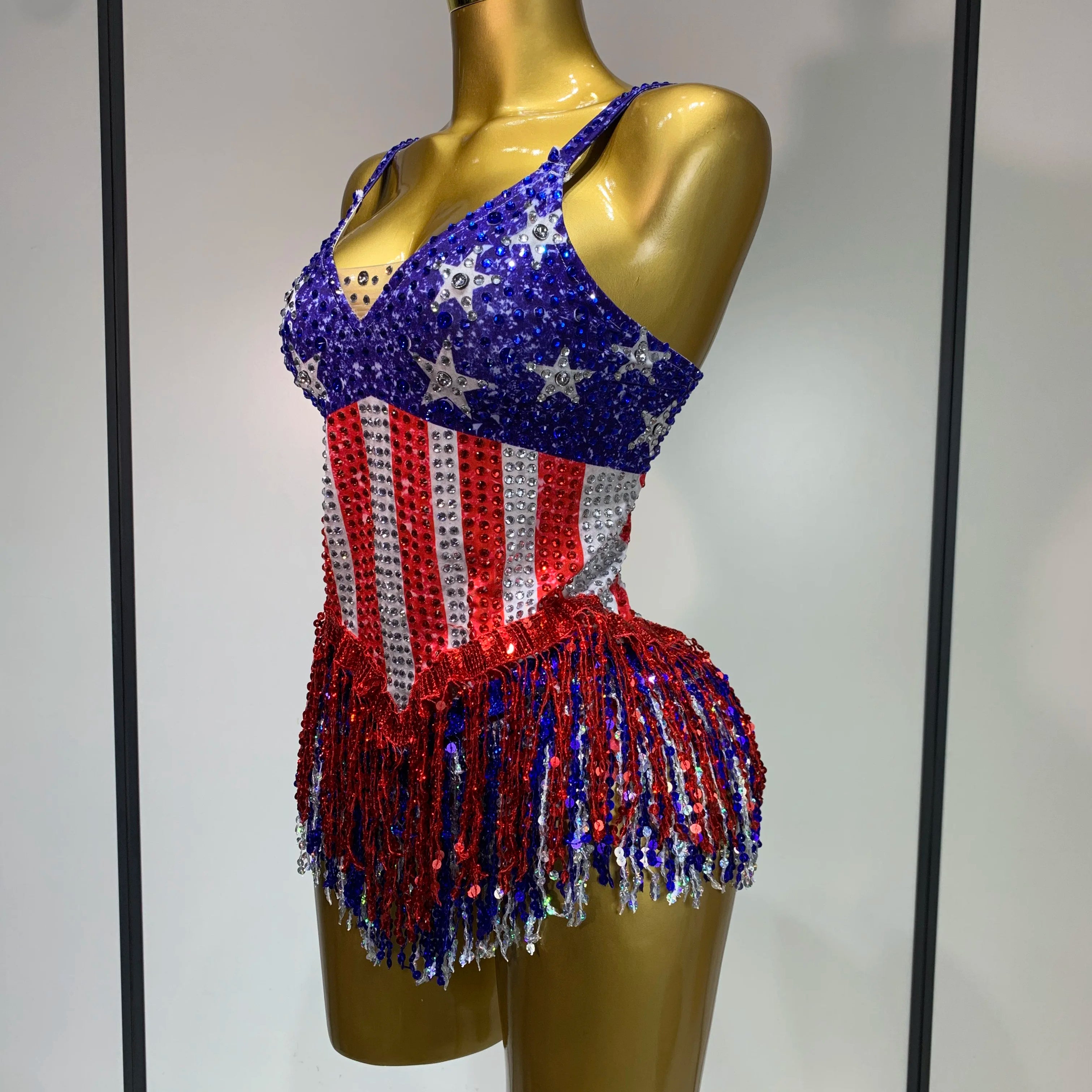 Shiny Rhinestones Tassel Bodysuit Performance Dance Singer Costume Evening Party Nightclub Stage Leotard Cheerleading Outfit