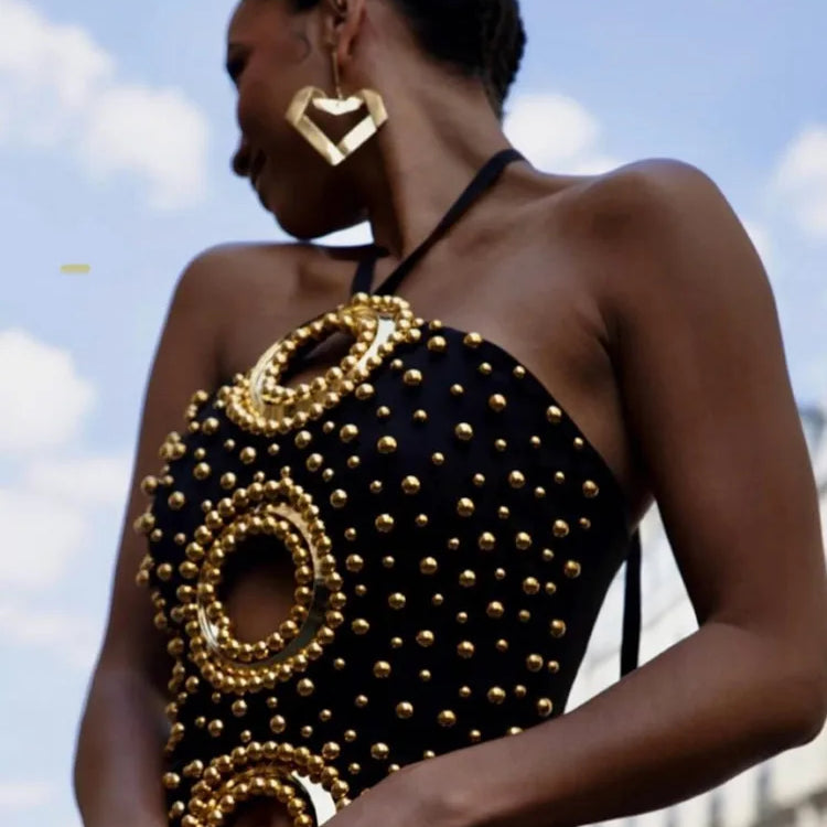 Women Sexy Backless Halter Pearl Black Maxi Long Beading Celebrity Bodycon Bandage Dress 2025 Elegant Evening Club Party Outfit