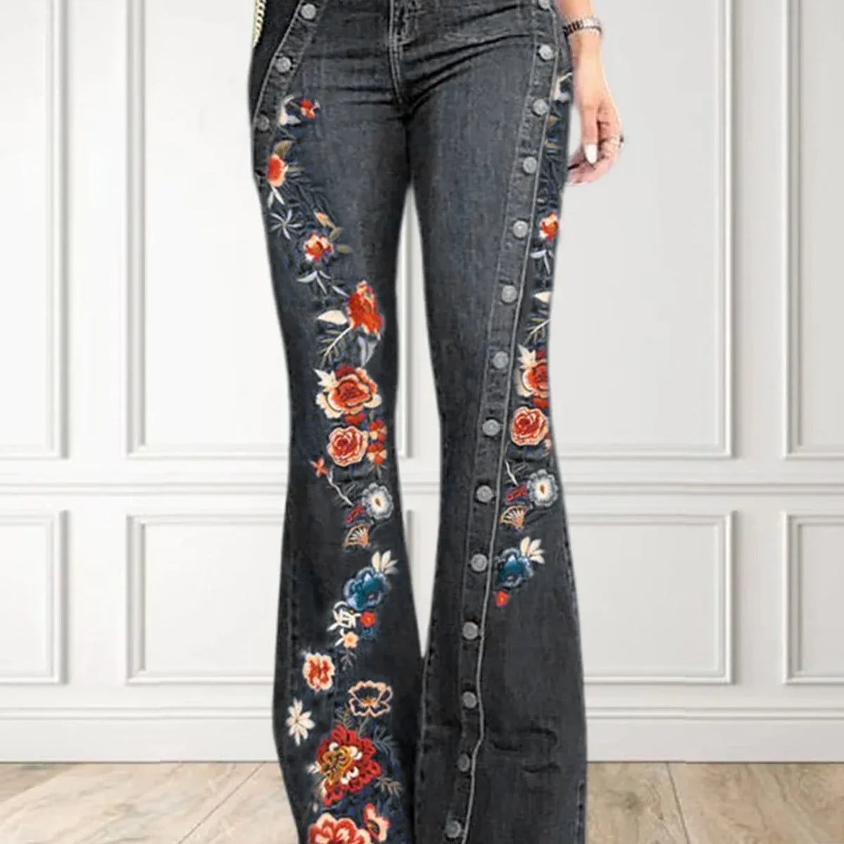 Plus Size Women Jeans Plain Button Decor Flare Leg Long Denim Pants Floral Embroidery Female High Waist Button Wide Leg Jeans Black