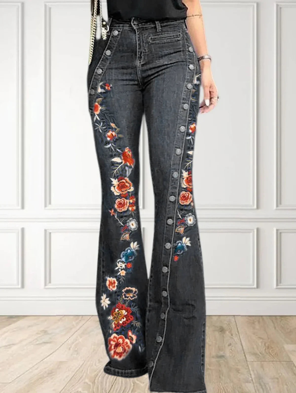 Plus Size Women Jeans Plain Button Decor Flare Leg Long Denim Pants Floral Embroidery Female High Waist Button Wide Leg Jeans Black