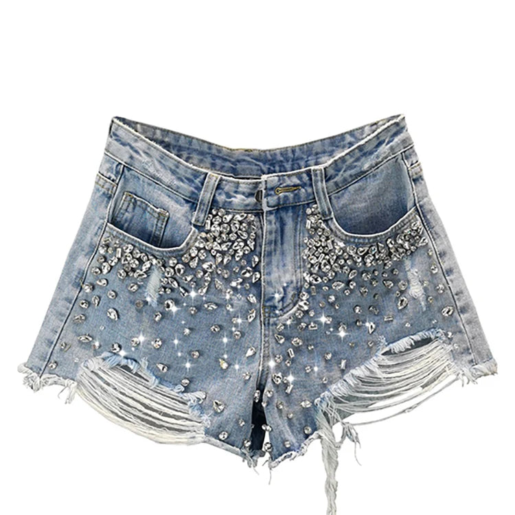 Women's Short Jeans High Waist Distressed Diamonds Tassel Loose Wide Leg Luxury Denim Shorts Autumn Fashion