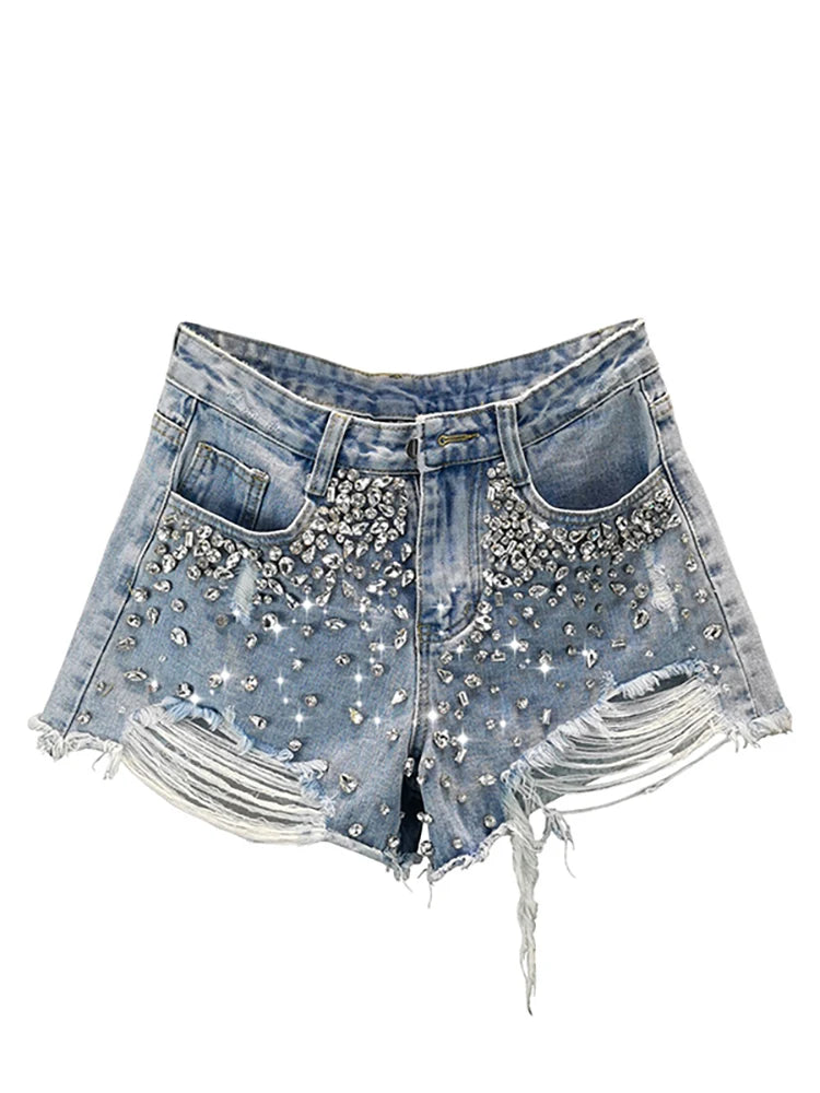 Women's Short Jeans High Waist Distressed Diamonds Tassel Loose Wide Leg Luxury Denim Shorts Autumn Fashion