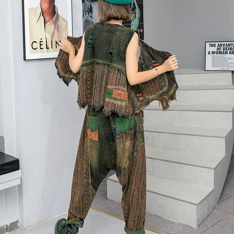 Spring Summer New Trendy Cool Personality Distressed Printed Denim Vest + Hanging Crotch Pants Two-piece Set Women LX255