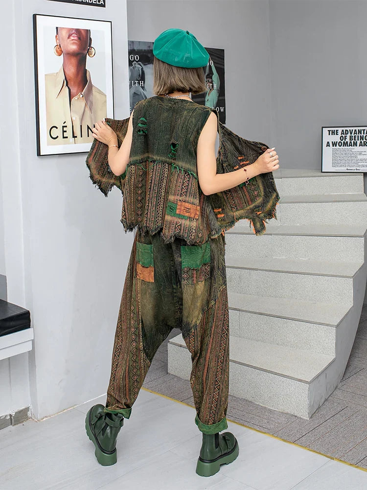 Spring Summer New Trendy Cool Personality Distressed Printed Denim Vest + Hanging Crotch Pants Two-piece Set Women LX255