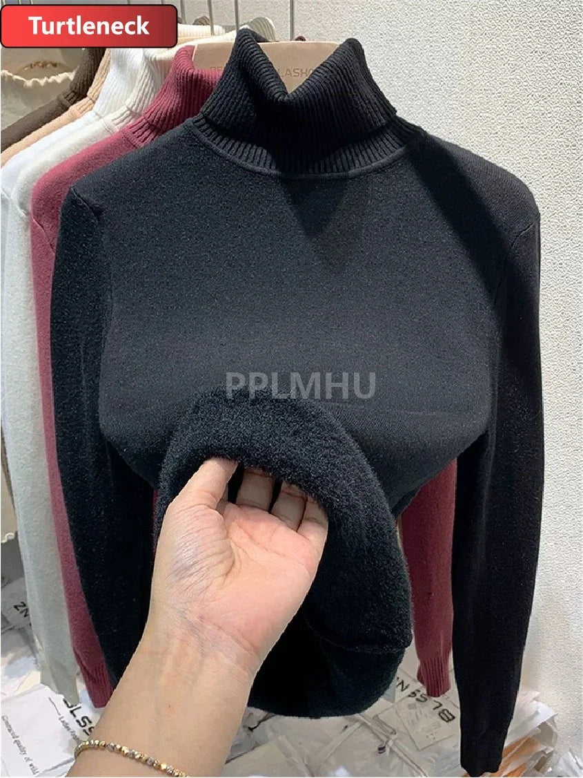 Warm Knit Pullover New Thicken Turtleneck Sweater For Winter Women Casual Slim Plush Lined Soft Long Sleeve Knitwear Jumper Tops basic black