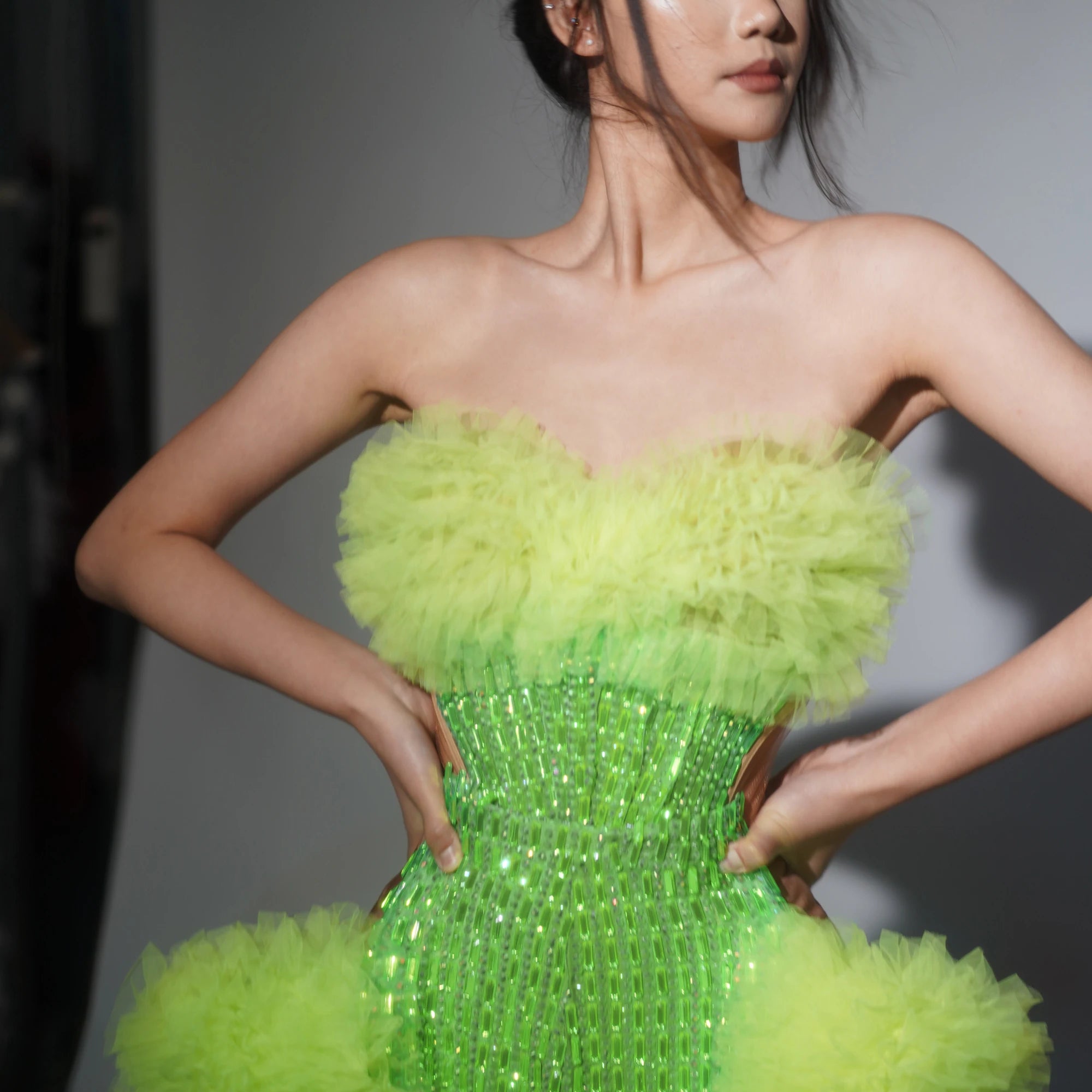 New Arrival Women Sexy Strapless 2 Pieces Ruffles Bodycon Long Dress Bar Singer Celebrate Performance Costume Stage Wear