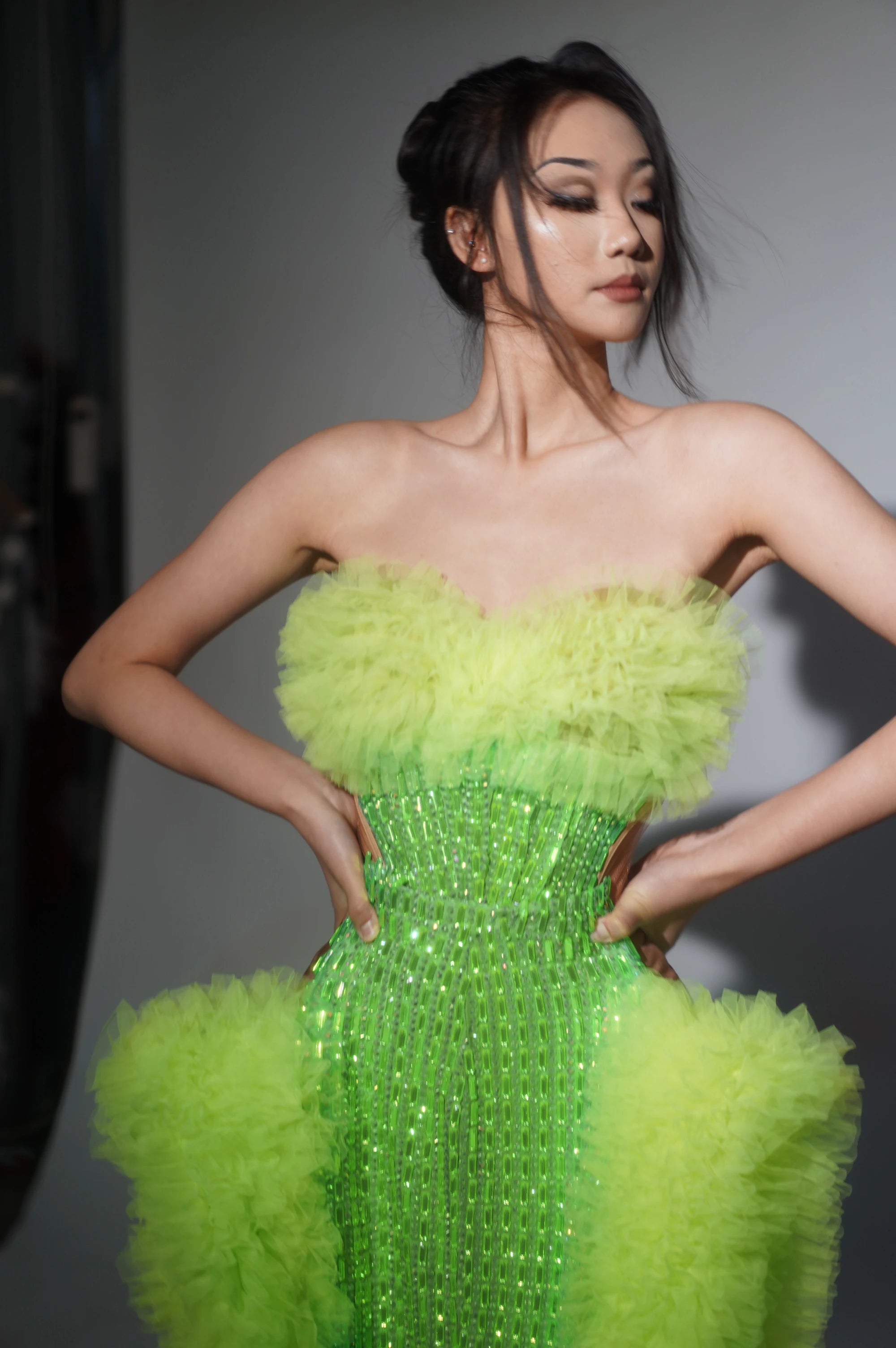 New Arrival Women Sexy Strapless 2 Pieces Ruffles Bodycon Long Dress Bar Singer Celebrate Performance Costume Stage Wear