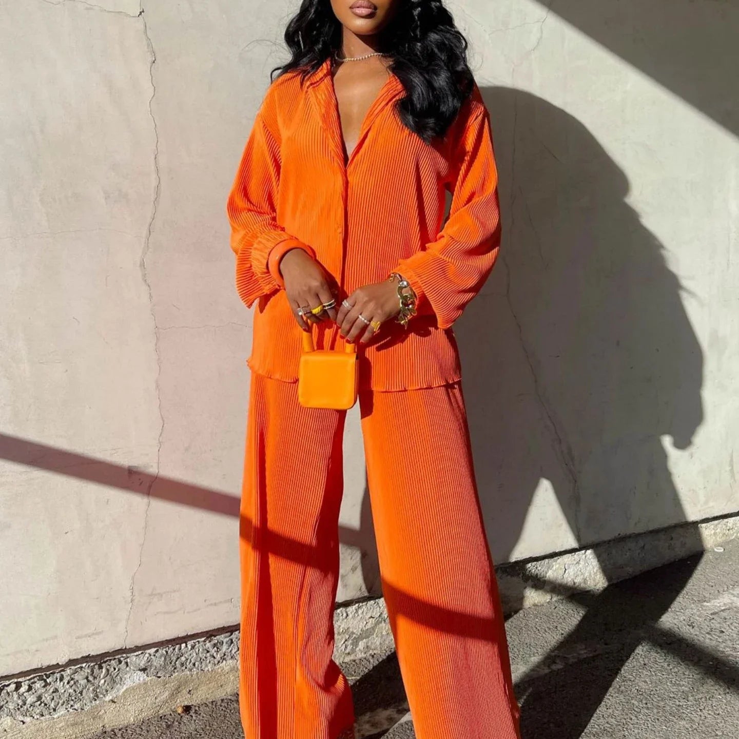 CM.YAYA Pleated Solid Women Set Long Sleeve Shirts and Straight Wide Leg Pants Suits Tracksuit Two Piece Set Fitness Outfits