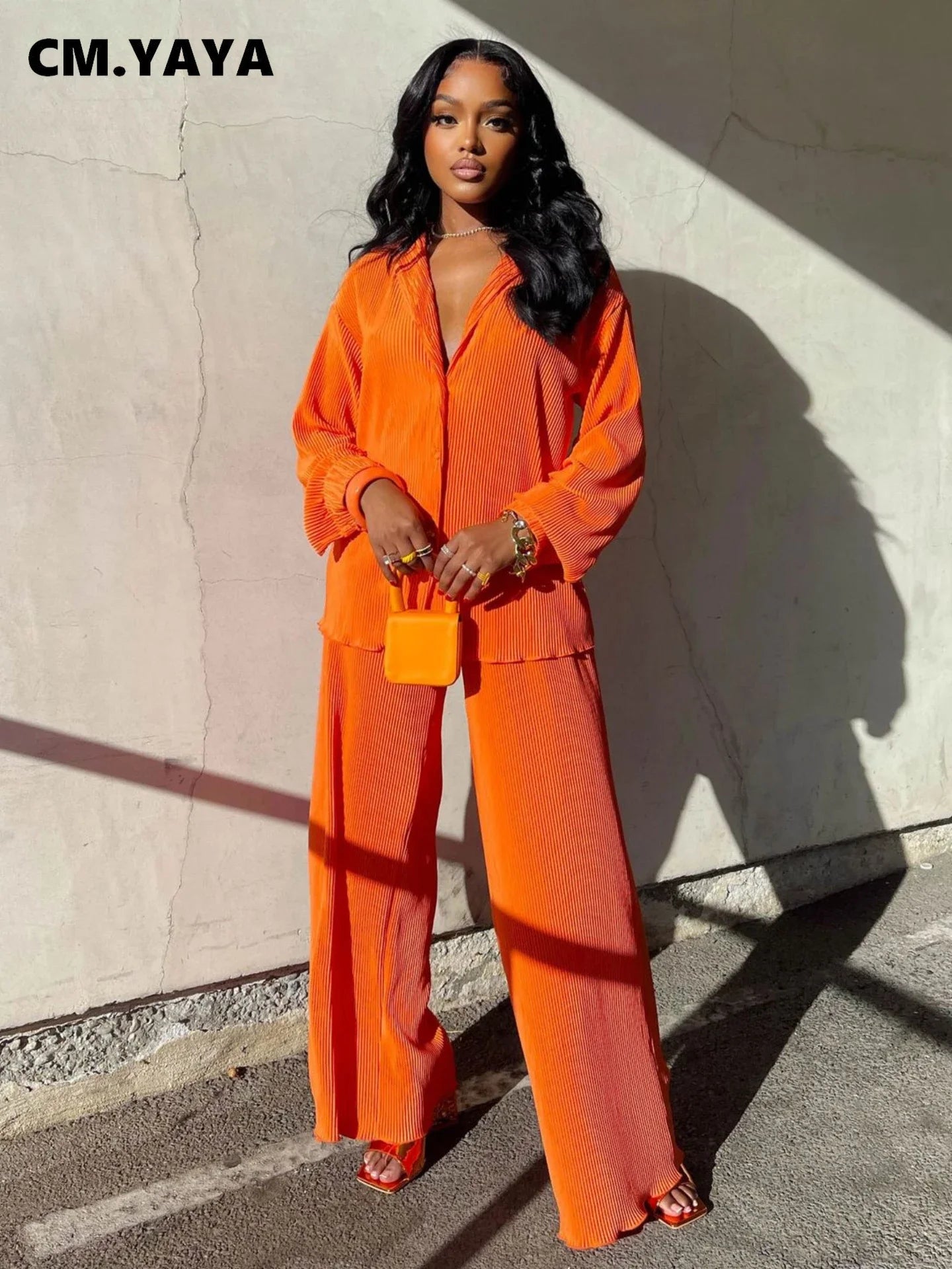 CM.YAYA Pleated Solid Women Set Long Sleeve Shirts and Straight Wide Leg Pants Suits Tracksuit Two Piece Set Fitness Outfits