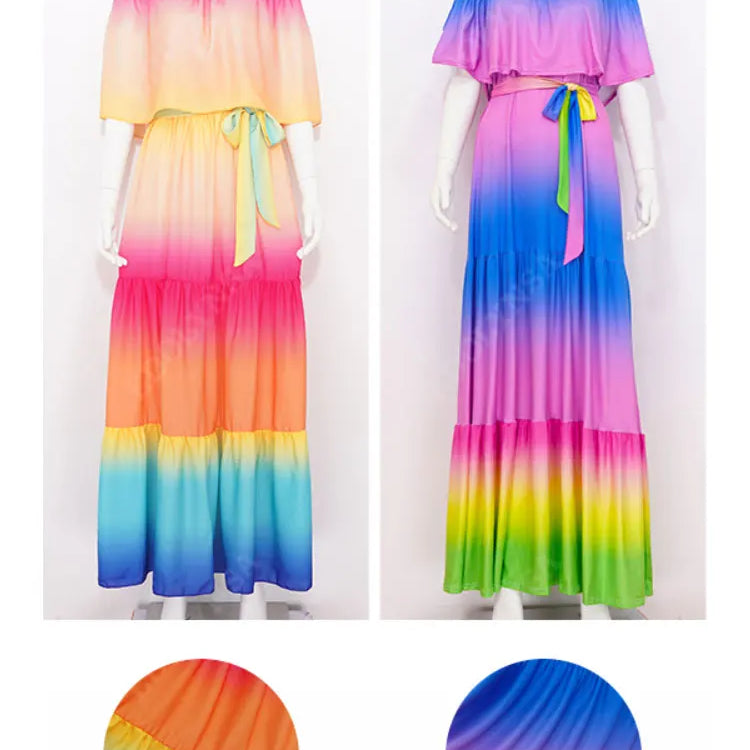 Multicolored Bohemian Ruffled Off Shoulder Self Belted Party Dress Cotton Tunic Women Boho Maxi Dresses Vestidos A324