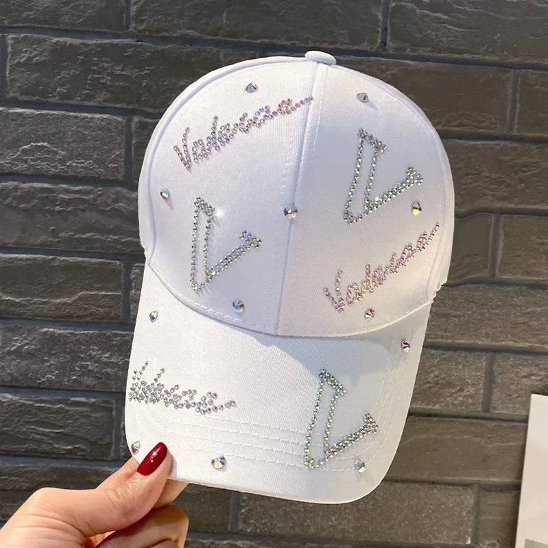 Women with Diamond Hat Spring and Autumn Sun Protection Cap Small Letter Rhinestones Summer Fashion Baseball Cap