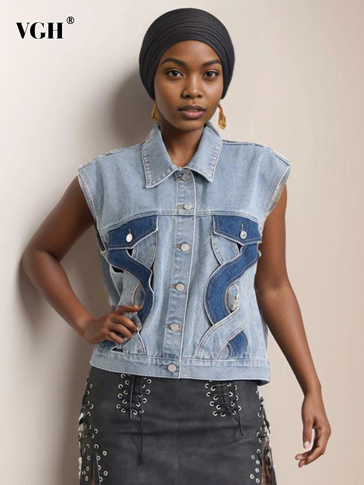Colorblock Hollow Out Casual Denim Waistcoats For Women Lapel Sleeveless Spliced Single Breasted Streetwear Waistcoat Female