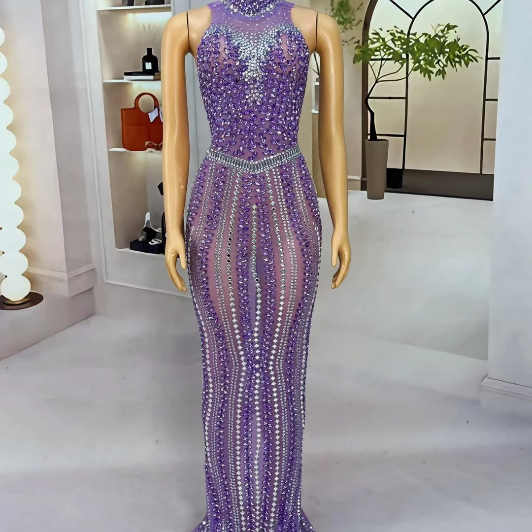 High-quality Purple Crystals Sexy Evening Gown Luxury Dinners Ball Dress Women's Birthday Party Stage Elegant Mesh Dress zizi