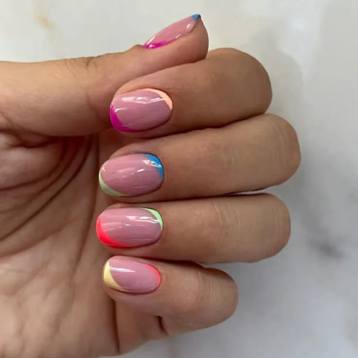 24PCS Colorful French False Nails Diagonal Stripe Design Short Round Fake Nails Elegant Press On Nail Tips for Women Girls