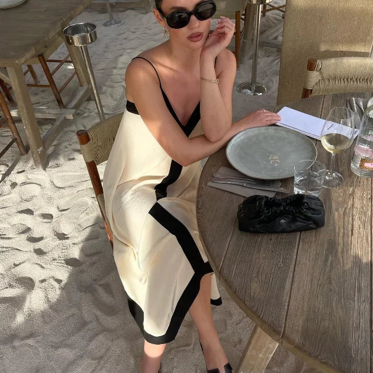 Sexy V-neck Sleeveless Dress Women Patchwork Contrast Color Loose Long Dresses Ladies Summer New Casual Backless Robes