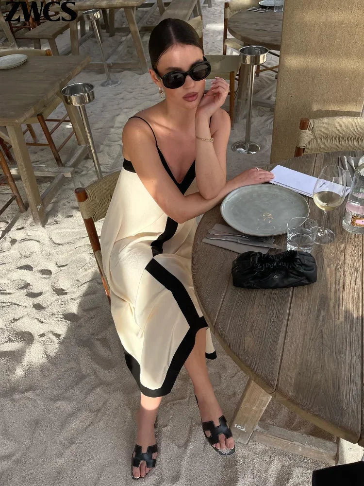 Sexy V-neck Sleeveless Dress Women Patchwork Contrast Color Loose Long Dresses Ladies Summer New Casual Backless Robes