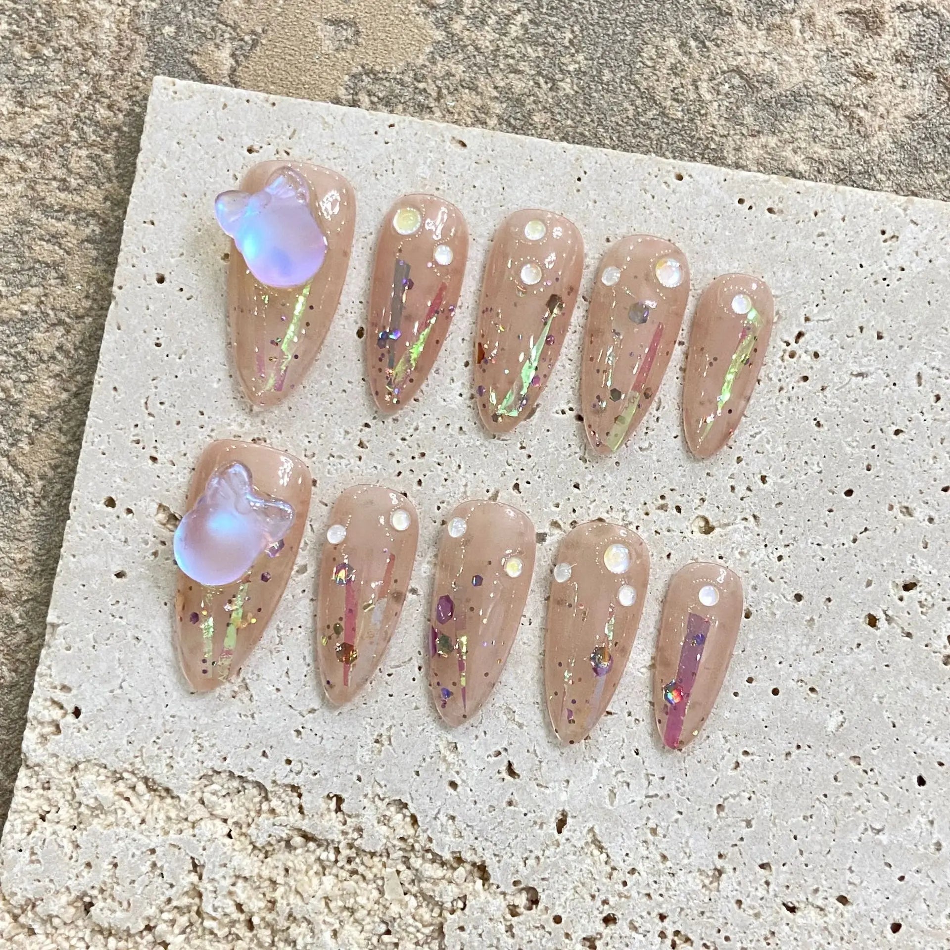 10Pcs Dreamy Ballerina Almond Handmade Gel Nail Glitter False Nails with Diamond Sweet Aurora French Press on Nail Manicure Tips