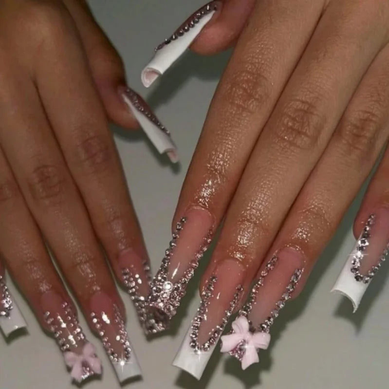 24Pcs Long Square Head French Fake Nail Press on 3D Bow Rhinestone Design Full Cover Nails Tips Detachable Finished False Nails