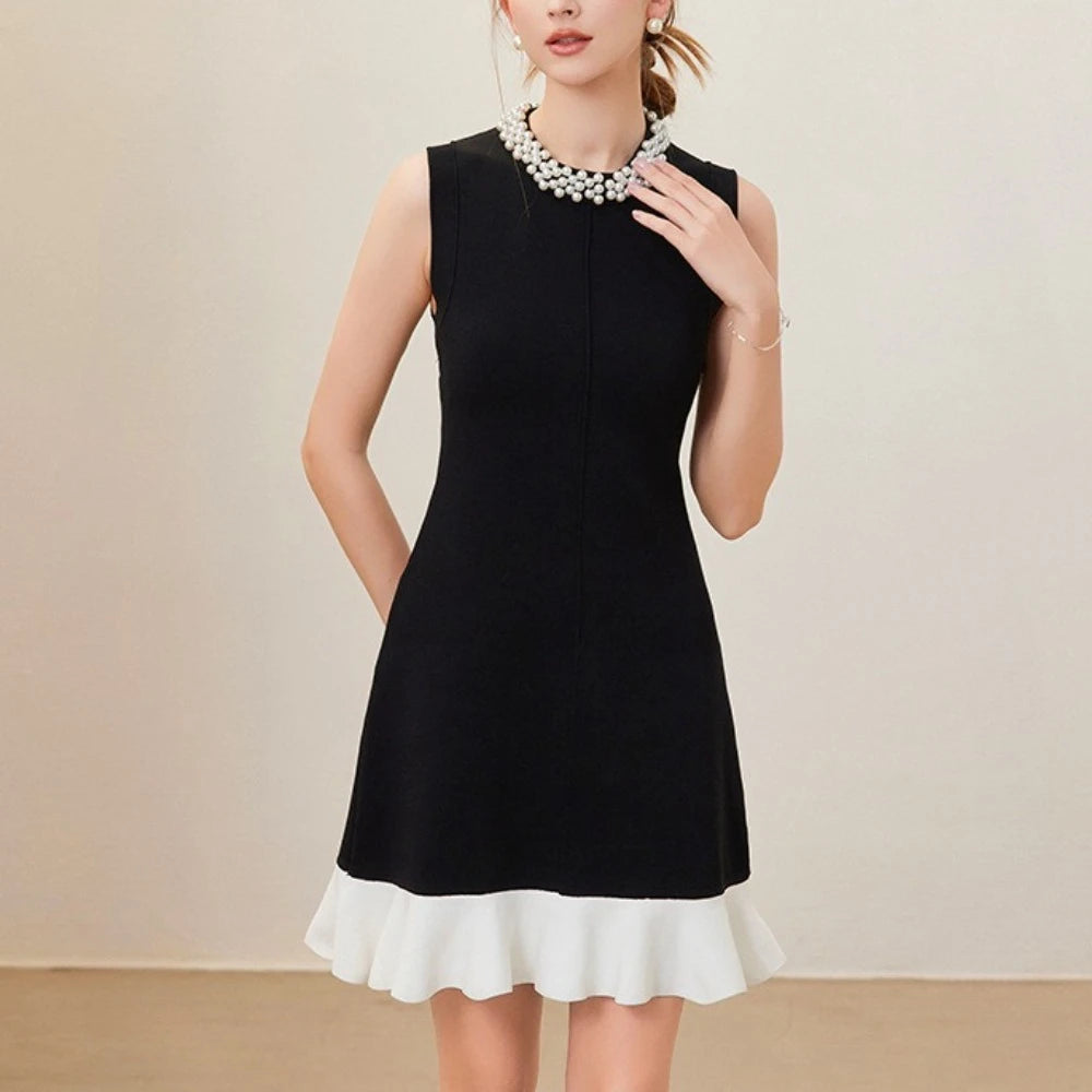 TWOTWINSTYLE Hit Color Slimming Spliced Bead Elegant Mini Dresses for Women Round Neck Sleeveless Patchwork Ruffles Dress Female