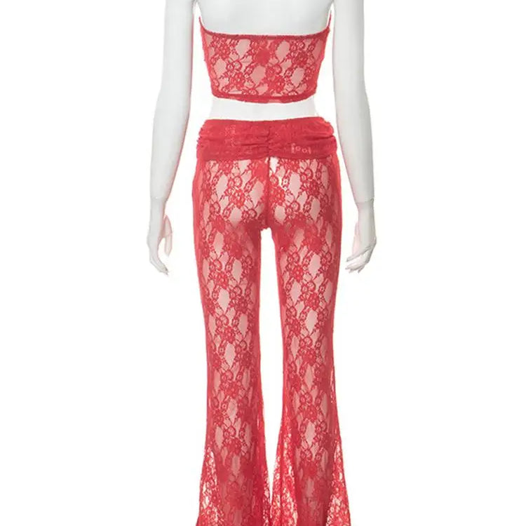 Habbris Spring Strapless Bodycon Crop Top Pants Sets Party Club Outfit For Women 2023 Sexy Red Lace Sheer 2 Two Piece Pants Sets