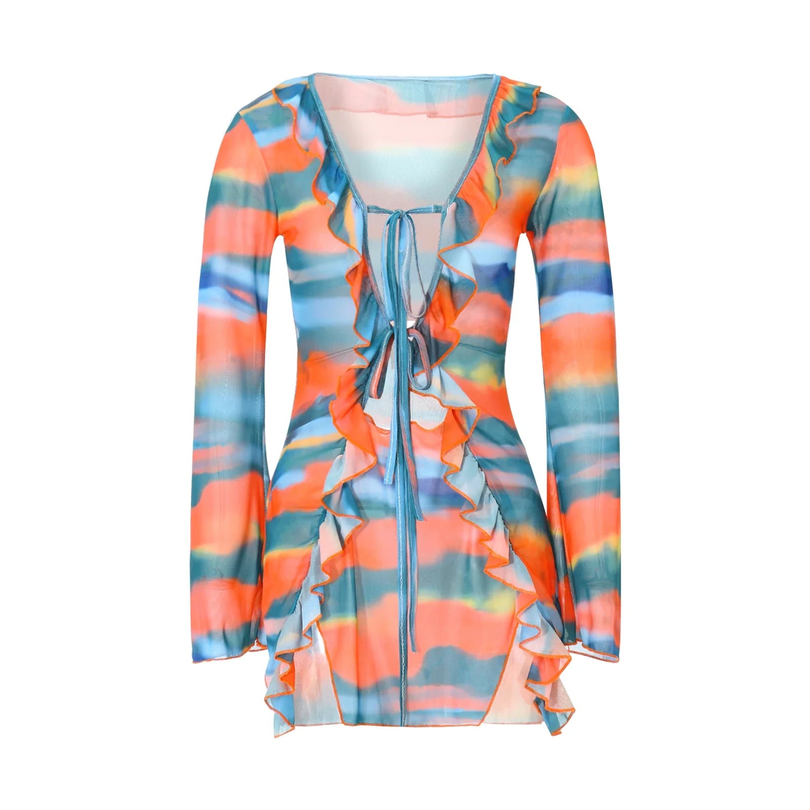 Women Mini Dress Long Sleeve Lacing Tie-dye Print Patchwork Slit Bodycon Dress for Club Party D